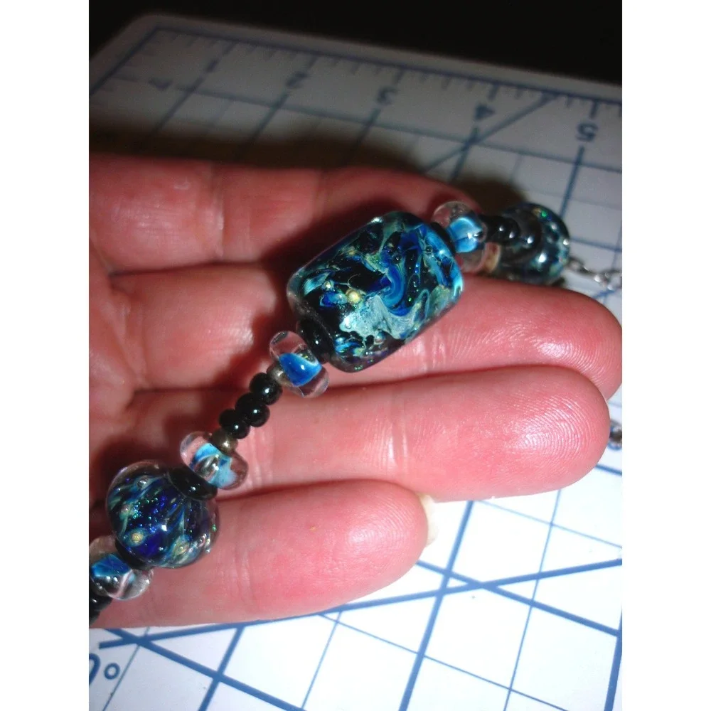 Vintage‎ Murano Style Dichroic Art Glass Bead Necklace Silver Tone Toggle Clasp